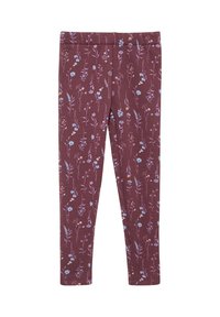 Legginsy wykonane z miękkiej, elastycznej tkaniny w ciemnym burgundzie z kwiatowym wzorem, w którym znajdują się niebieskie i fioletowe kwiaty na jasnym tle.