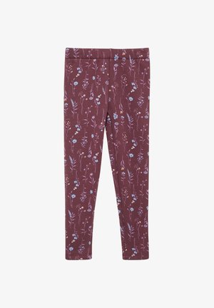 Minkštų, tamprių audinių leggingai tamsiai burgundiško atspalvio su gėlių raštu, kuriame matomi mėlynos ir violetinės spalvos gėlės šviesiame fone.