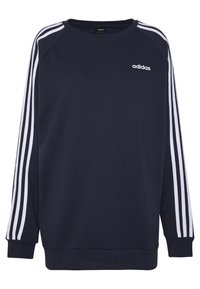 Sudadera de color marino con el logotipo blanco de Adidas y tres rayas blancas en cada manga. Presenta un cuello redondo y puños y dobladillo acanalados.