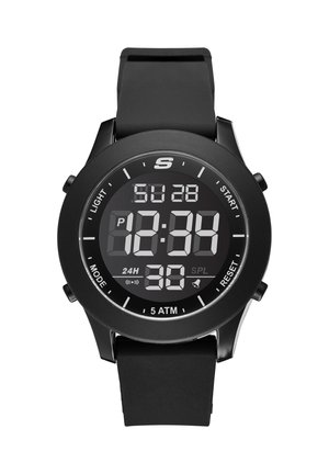 Zwart digitaal sporthorloge dat 12:34 uur 's middags toont, zondag 28e, met zwarte siliconen band en knoppen voor licht, start, modus en reset.