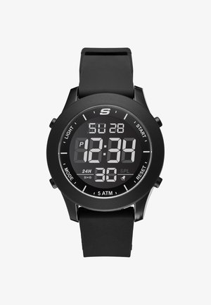 Montre de sport digitale noire affichant 12h34, dimanche 28, avec un bracelet en silicone noir et des boutons pour la lumière, démarrer, mode et réinitialiser.