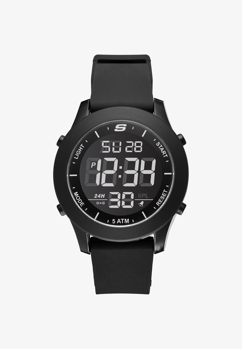 Montre de sport digitale noire affichant 12h34, dimanche 28, avec un bracelet en silicone noir et des boutons pour la lumière, démarrer, mode et réinitialiser.