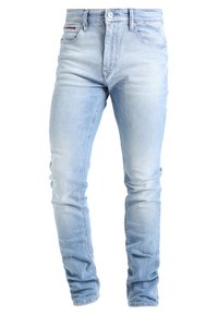 Ljust blå denimjeans med slim fit, som har dragkedjegylft, femficksdesign och subtila slitningar för textur.