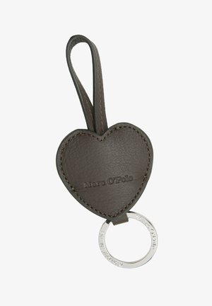 Dark brown leather heart-shaped keychain with a silver keyring. Features embossed brand name and contrasting stitching along the edges.