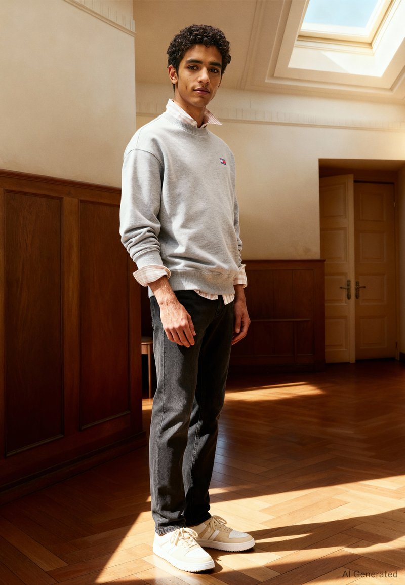 Siva jopa preko bele srajce z gumbi, črne kavbojke in kremne superge. Lesene obloge sobe s sončno svetlobo, ki pronica skozi strešno okno.