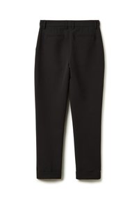 Pantaloni neri a sigaretta con passanti per la cintura, due tasche posteriori a filetto e orli ripiegati, mostrati da dietro su uno sfondo bianco.