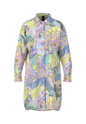 Colorful button-up shirt featuring a vibrant print with illustrations of plants and animals, in pastel shades of green, purple, and yellow.