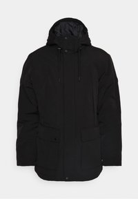 Veste d'hiver isolante noire avec capuche, fermeture éclair à l'avant, boutons-pression, cordons de serrage et deux grandes poches avant à rabat.