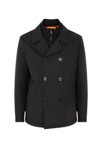 Cappotto doppiopetto nero con colletto a revers, tasche frontali e fodera arancione. Presenta un tessuto testurizzato e bottoni neri per la chiusura.