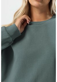 Överdimensionerad sweatshirt med rund hals i dämpad grön. Ribbad mudd och halsringning. Mjuk, texturerad tygkvalitet med avslappnad passform. Närbild av halsringningen och ärmen.