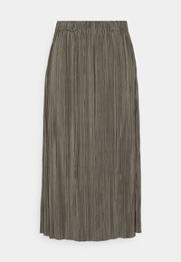 Midilång plisserad kjol i metalliskt grå med elastisk midja, uppvisad liggande mot en vit bakgrund.