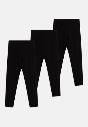 Trois paires de leggings noirs en tissu extensible ; longueur cheville avec une texture lisse et une taille élastique. Pas de motifs ni d'accents.