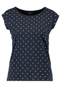 Námořnická modrá košile s krátkým rukávem vyrobená z bavlny, s bílým vzorem kotvy, kulatým výstřihem a volným střihem.