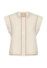 Prošívaná krémová vesta s kulatým výstřihem, krátkými rukávy a předním zapínáním na knoflíky s béžovými akcenty a detaily prošívání cikcak.