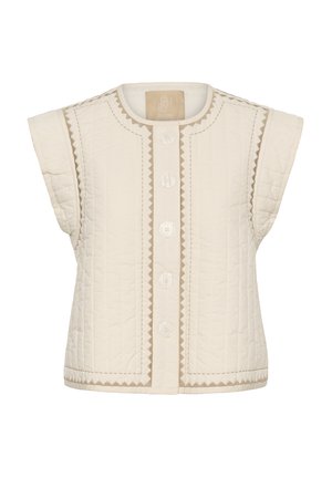 Vestă matlasată crem cu guler rotund, mâneci scurte și închidere frontală cu nasturi, având accente bej și detalii de cusături în zigzag.
