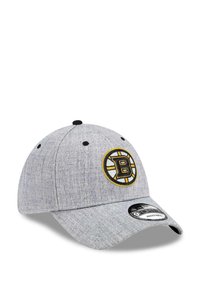 Gray baseball cap made of fabric with a textured finish. Features a black and yellow embroidered logo on the front and a curved brim.