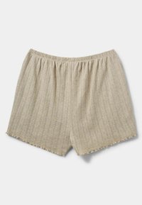 Svijetlosmeđi pamučni šorts s vertikalnim rebrastim uzorkom, elastičnom strukom i valovitim rubom. Mekana tekstura s opuštenim krojem.
