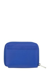 Blue leather wallet with a zip closure, multiple card slots on one side, smooth texture, rectangular shape, and silver-tone zipper pull.