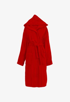 Rote Kapuzenbademantel aus flauschigem Material, mit zwei vorderen Taschen, einem Bindegürtel und genähten Details entlang der Vorderseite und Ärmel.