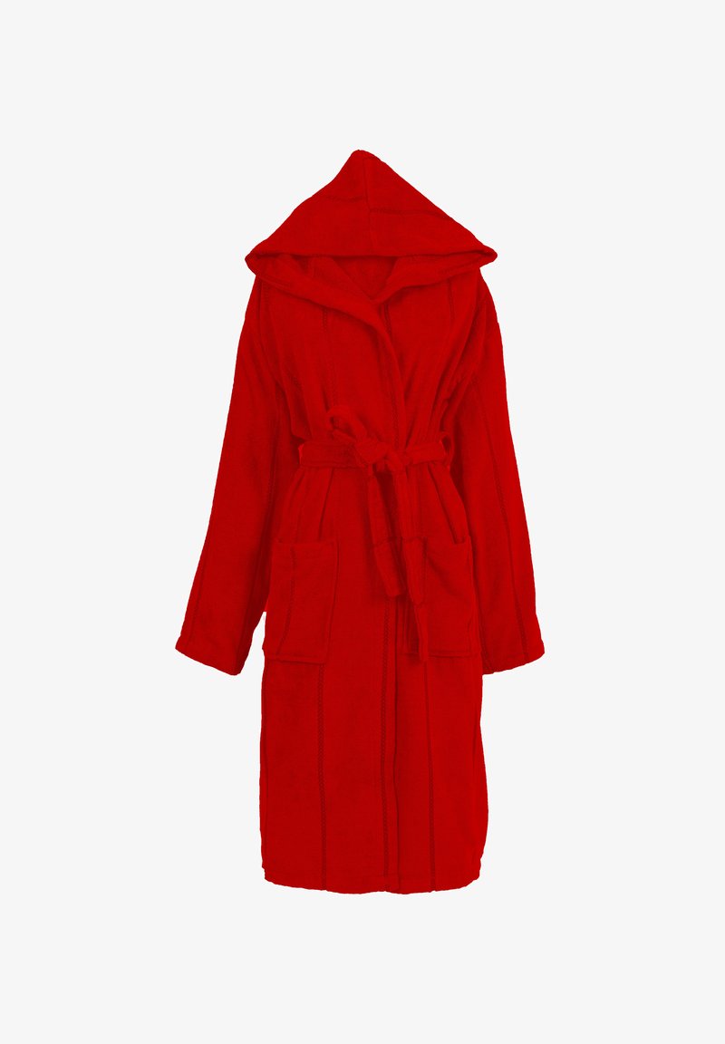 Rote Kapuzenbademantel aus flauschigem Material, mit zwei vorderen Taschen, einem Bindegürtel und genähten Details entlang der Vorderseite und Ärmel.