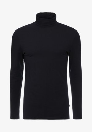 T-shirt noir à manches longues et col roulé en tissu doux et extensible. Présente un design ajusté et une texture lisse. Aucun motif ni accent visible.