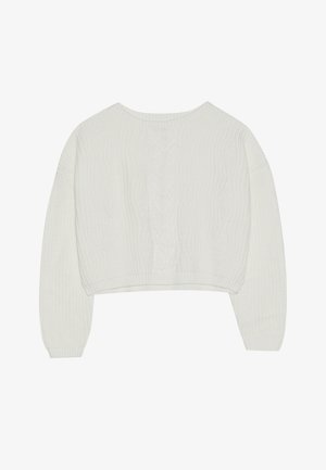 Maglione bianco corto con texture a treccia, maniche ampie e scollo rotondo, caratterizzato da un motivo testurizzato lungo la schiena.