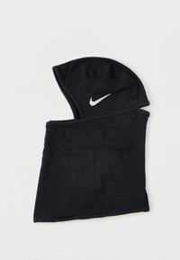 Črna Nike balaclava z belim Swoosh logotipom na strani, narejena iz zračnega, raztegljivega materiala z vidnimi šivi.
