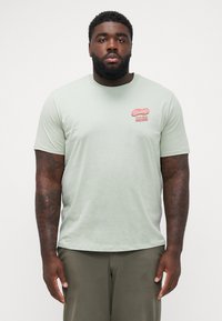 Lysegrøn bomulds T-shirt med korte ærmer og rund hals, der har et rødt grafisk tekstdesign på venstre brystområde.