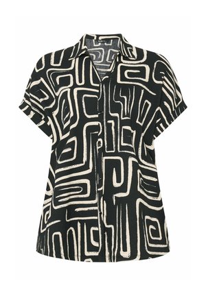 Sort kortærmet skjorte med knapper, bred krave og abstrakt hvid labyrintlignende geometrisk mønster.