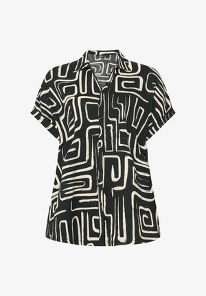 Sort kortærmet skjorte med knapper, bred krave og abstrakt hvid labyrintlignende geometrisk mønster.