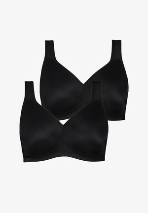 Zwei schwarze BHs aus glattem Stoff. Jeder verfügt über breite Träger, einen V-förmigen Ausschnitt und keine sichtbaren Beschläge oder Verzierungen.