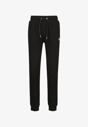 Schwarze Slim-Fit-Jogginghose mit elastischem Bund, verstellbarem Kordelzug, gerippten Bündchen und kleinem Emblem am oberen Oberschenkel.