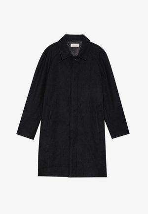 Black coat made from soft, textured fabric. Features a collar, raglan sleeves, side pockets, and a front button closure.
