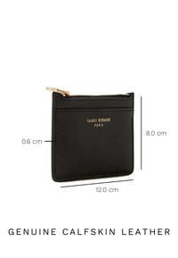 Black calfskin leather card holder with a textured finish, dimensions 12.0 cm x 8.0 cm x 0.6 cm, featuring a zip closure and gold logo.