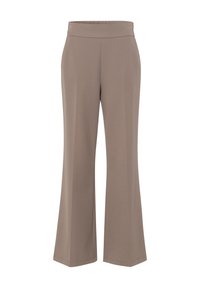 Beige wijde broek met een gladde textuur, elastische tailleband en geen zichtbare zakken. Ontworpen voor een relaxte pasvorm en casual draagcomfort.
