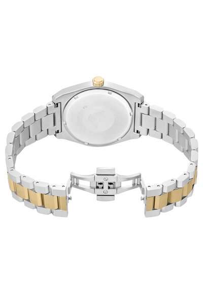 Silber- und goldfarbener Metalluhren mit sechseckigem Gehäuse, Armband aus rostfreiem Stahl und einem Verschluss mit Scharnier. Rückseite ist glatt mit Gravuren.