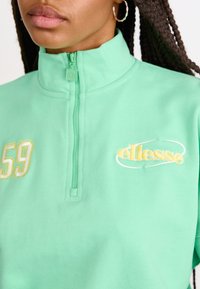 Felpa verde menta con zip e colletto alto, con ricamo giallo della scritta "ellesse" e del numero "59". Tessuto morbido e vestibilità standard.