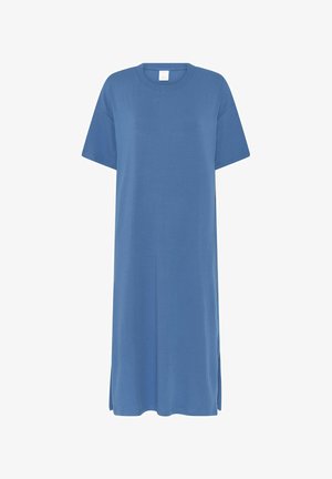 Blue ribbed T-shirt dress with short sleeves, round neckline, and side slits. Made from soft fabric, offering a loose fit for comfort.