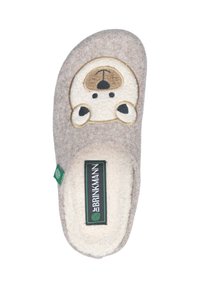 Gray felt slipper with a bear face design, cream fur lining, and a green tag. Features stitched detailing and a rounded shape.