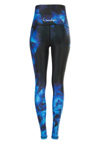 Hoge taille legging in zwart met een blauw abstract geometrisch patroon. Gemaakt van stretchy materiaal, met een logo op de tailleband.