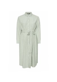 Randig grön skjortklänning med krage, långa ärmar, knäppning framtill och ett bälte i midjan, tillverkad av lättviktsmaterial.