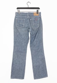 Straight-leg blue denim jeans with a medium wash, back pockets with decorative stitching, and a leather label on the waistband.