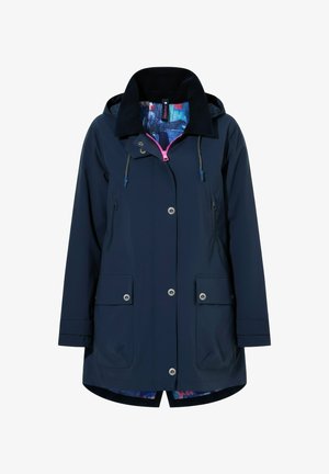 Impermeable azul marino con capucha, cierre de botones y cremallera rosa, dos bolsillos delanteros, cordones ajustables y forro interior con estampado colorido.