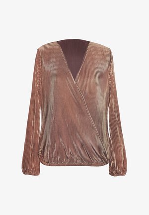 Top envolvente de manga larga de felpa en un color dorado rosa degradado con pliegues verticales y un dobladillo ajustado. Presenta un escote en V profundo.