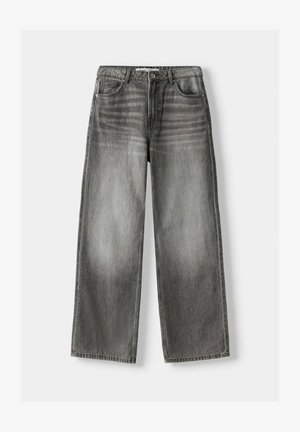 Wide-leg jeans in washed gray denim with subtle fading, featuring a classic five-pocket design and a button closure at the waist.