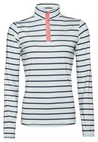 Długi rękaw, lekka bluzka w jasnoniebieskim kolorze w granatowe paski. Posiada pół-zipowy kołnierz i różowy akcent zamka. Gładka faktura, casualowy fason.