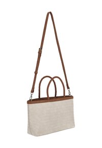 Bolsa de tela tejida con un patrón espiga en beige claro y un asa trenzada marrón; cuenta con una correa de hombro desmontable para mayor versatilidad.