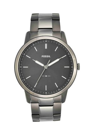 Herenhorloge van Fossil in roestvrij staal met zwarte wijzerplaat, zilveren uurmarkeringen, drie wijzers en een metalen schakelenarmband.