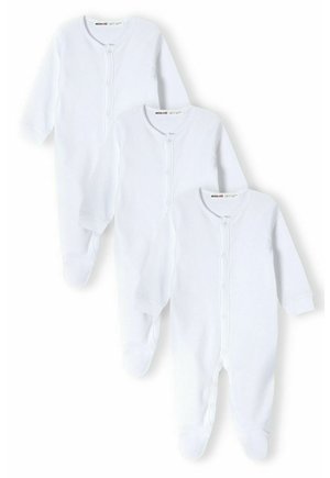 Drei weiße Baby-Overall aus Baumwolle mit langen Ärmeln, einem Knopfverschluss vorne und einem fußlosen Design. Weicher Stoff ohne sichtbare Muster oder Akzente.