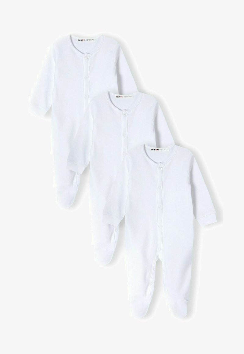 Tre tutine bianche in cotone per bambini presentano maniche lunghe, chiusura frontale con bottoni e design con piedi. Tessuto morbido senza motivi o decorazioni visibili.